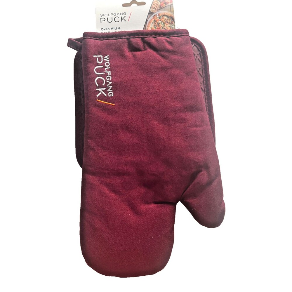 Wolfgang Puck Kitchen Oven Mitt Potholder Silicone Grips Maroon Embroidered